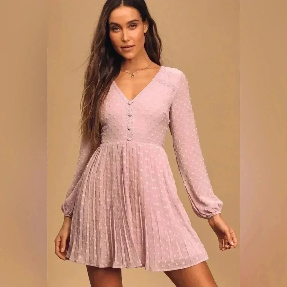 Lulus Poetic Love Mauve Swiss Dot Long Sleeve Pleated Mini Dress - Picture 13 of 13